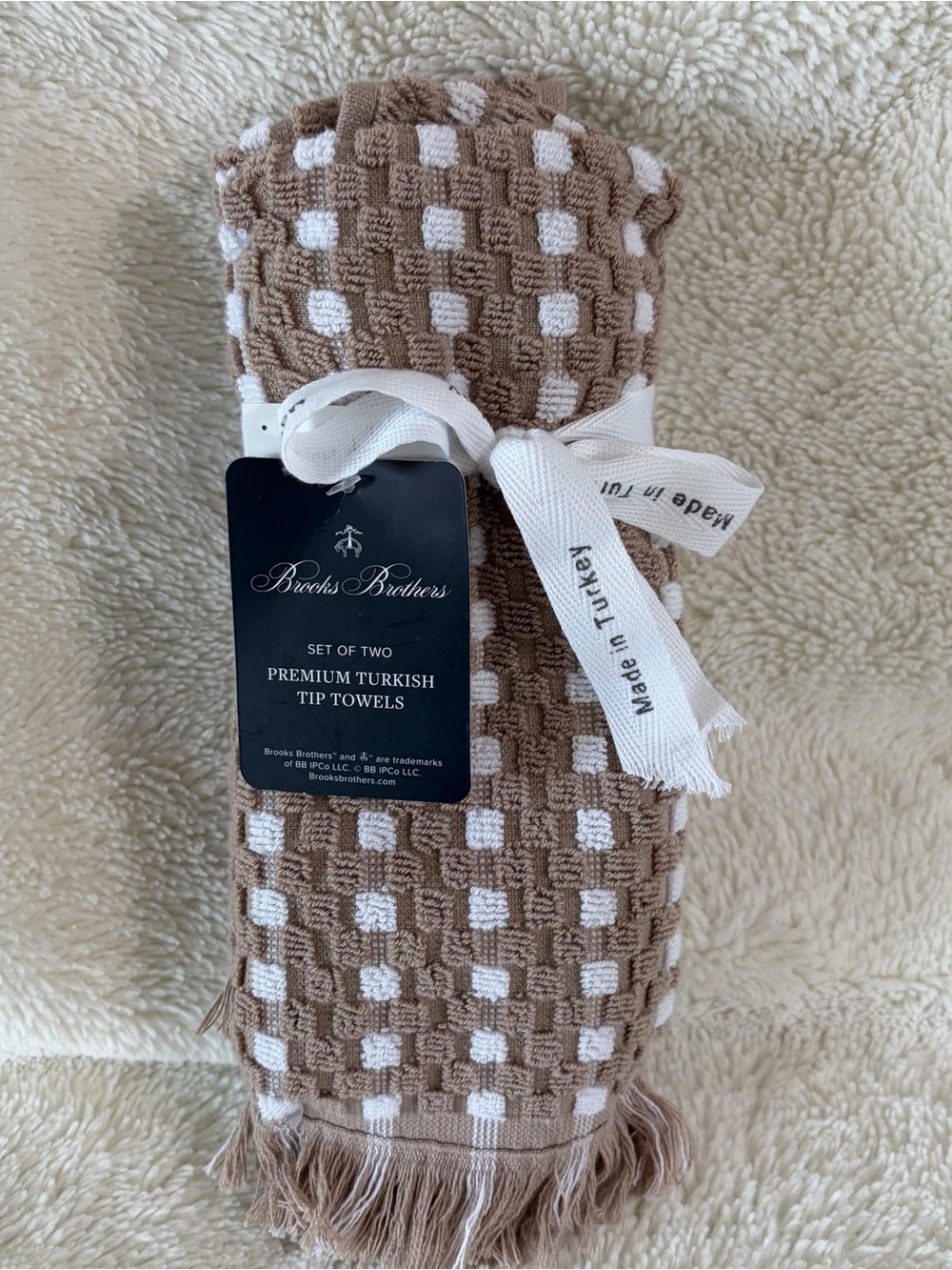NWT Brooks Brothers Brown and White Waffle Turkish Tip Towels - Set of 2